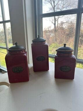 Set of 3 Red Ceramic Canisters TEA SUGAR COFFEE
